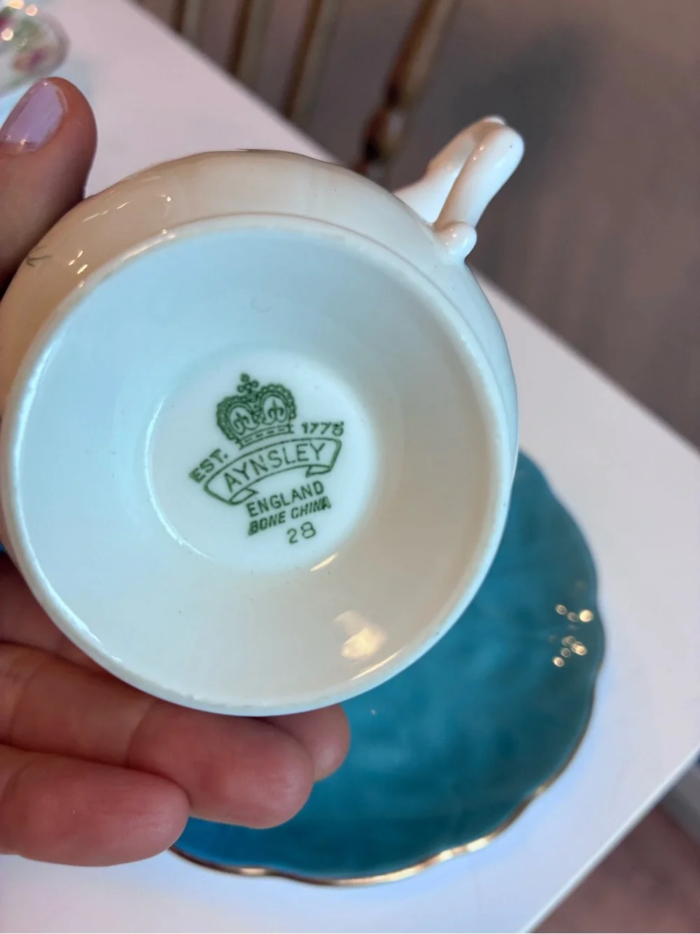 Aynsley Blue Floral Gold-Trim Porcelain Teacup and Saucer
